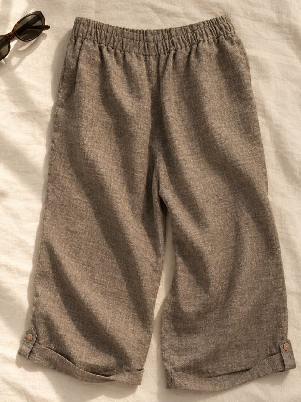 FLAX Linen Wide Leg Cropped Pants Medium Taupe Brown 100% Linen Pull On